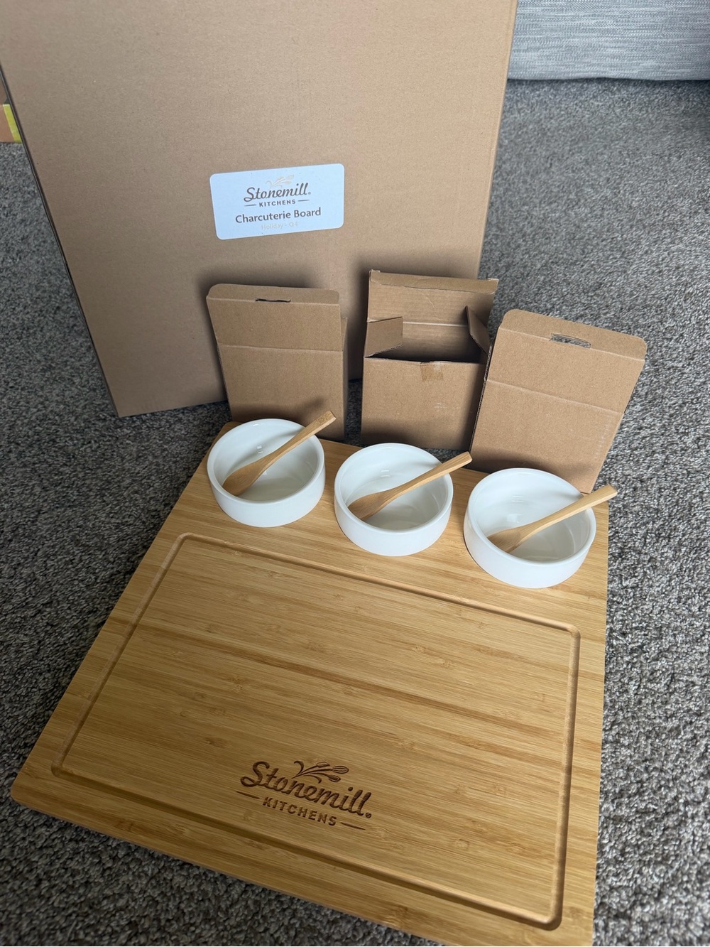 Bamboo Charcuterie Board with White Serving Bowls